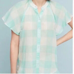 Anthropologie Maeve Short Sleeve Gingham Flutter Top in Mint Sz S Semi Sheer